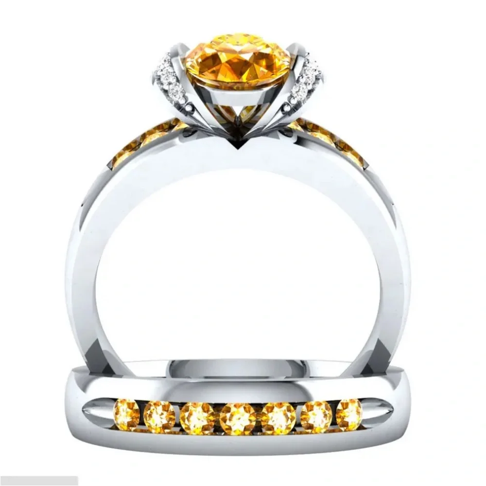 New Beautiful Sterling Silver Citrine White Sapphires 2pc Ring Set